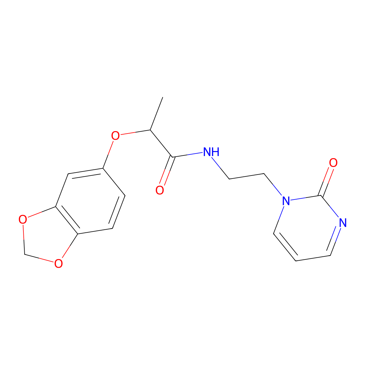 2-(benzo[d][1,3]dioxol-5-yloxy)-N-(2-(2-oxopyrimidin-1(2H)-yl)ethyl)propanamide molecular structure, CAS 2210053-38-4