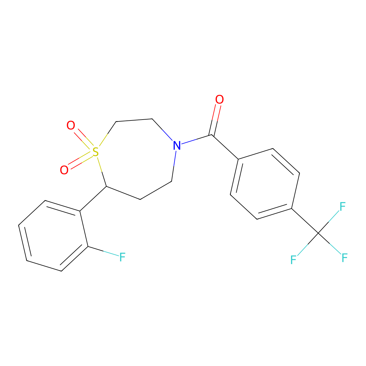 7-(2-Fluorophenyl)-4-[4-(trifluoromethyl)benzoyl]-1lambda6,4-thiazepane-1,1-dione molecular structure, CAS 2210053-73-7