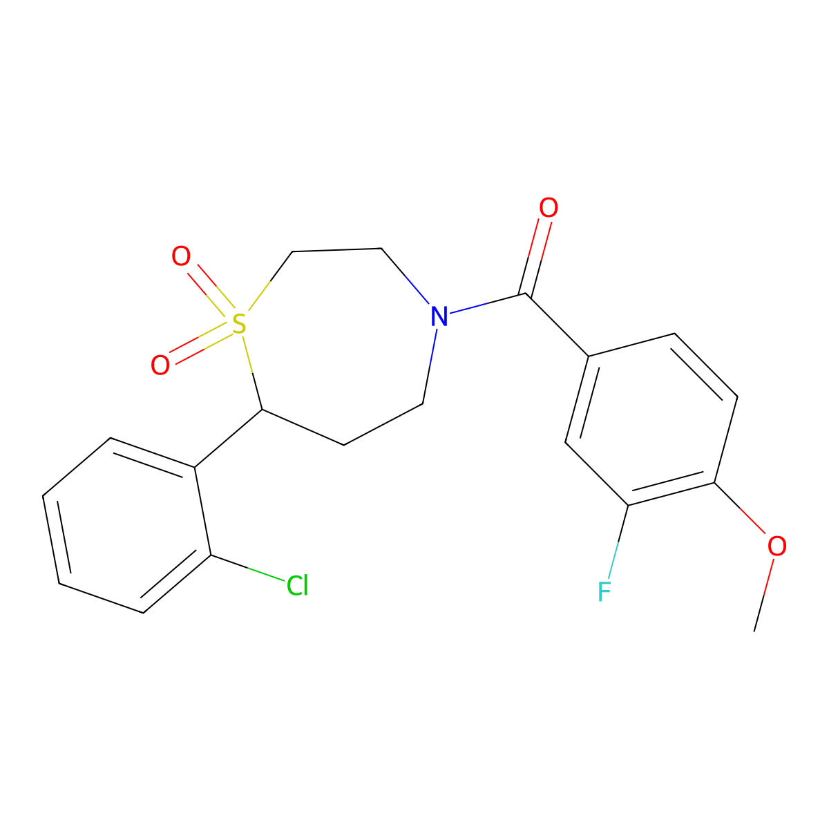 (7-(2-Chlorophenyl)-1,1-dioxido-1,4-thiazepan-4-yl)(3-fluoro-4-methoxyphenyl)methanone molecular structure, CAS 2210053-92-0