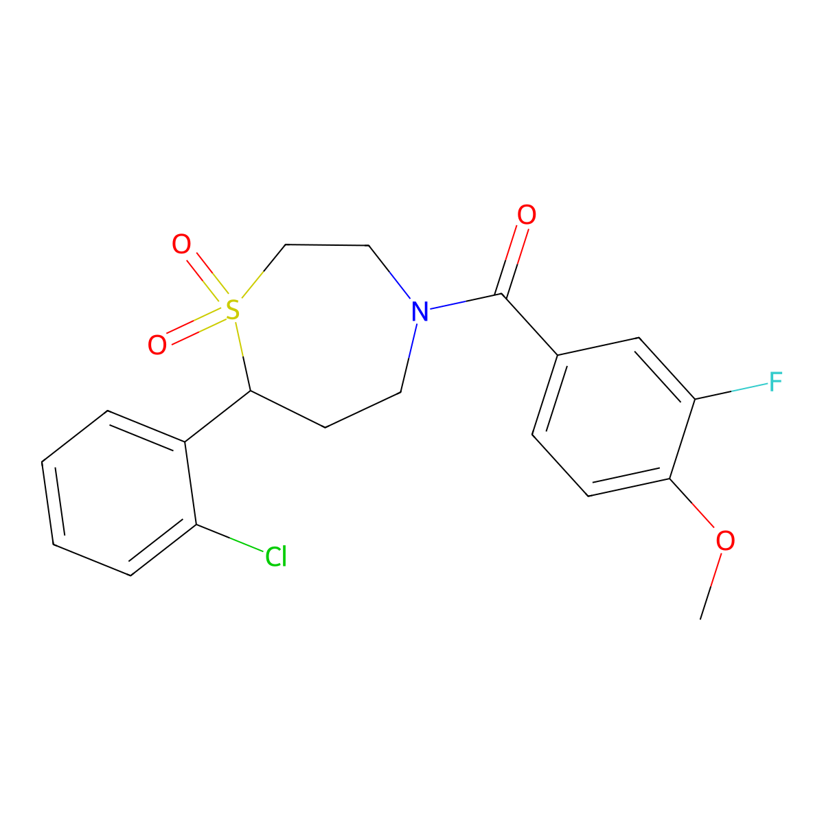 (7-(2-Chlorophenyl)-1,1-dioxido-1,4-thiazepan-4-yl)(3-fluoro-4-methoxyphenyl)methanone molecular structure, CAS 2210053-92-0