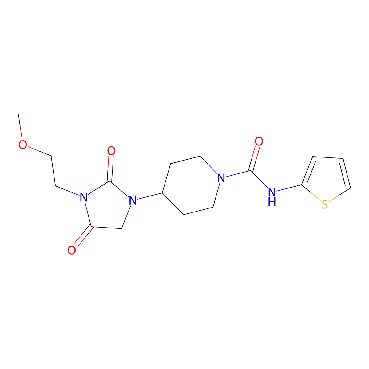4-(3-(2-methoxyethyl)-2,4-dioxoimidazolidin-1-yl)-N-(thiophen-2-yl)piperidine-1-carboxamide molecular structure, CAS 2210054-15-0