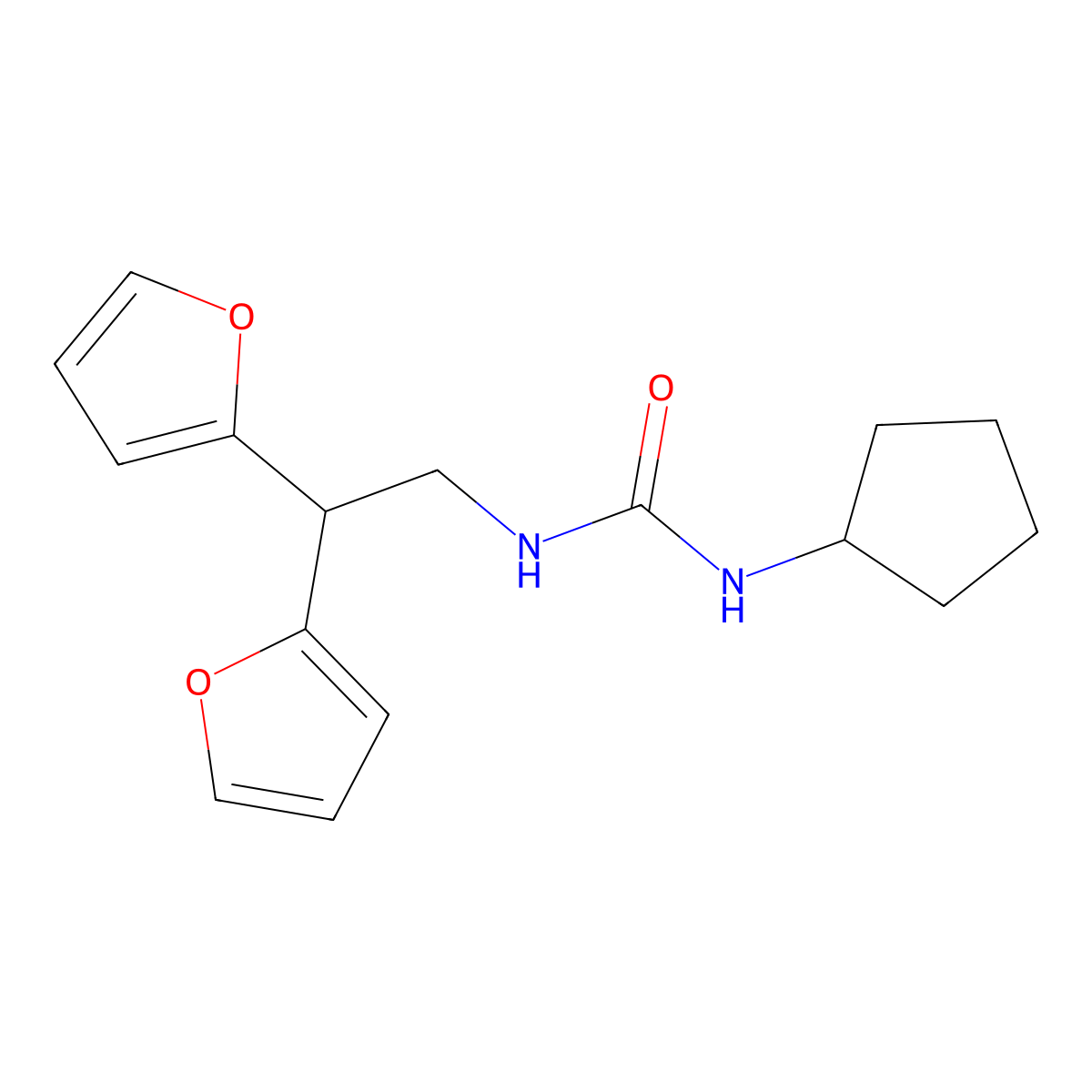 1-Cyclopentyl-3-(2,2-di(furan-2-yl)ethyl)urea molecular structure, CAS 2210054-68-3