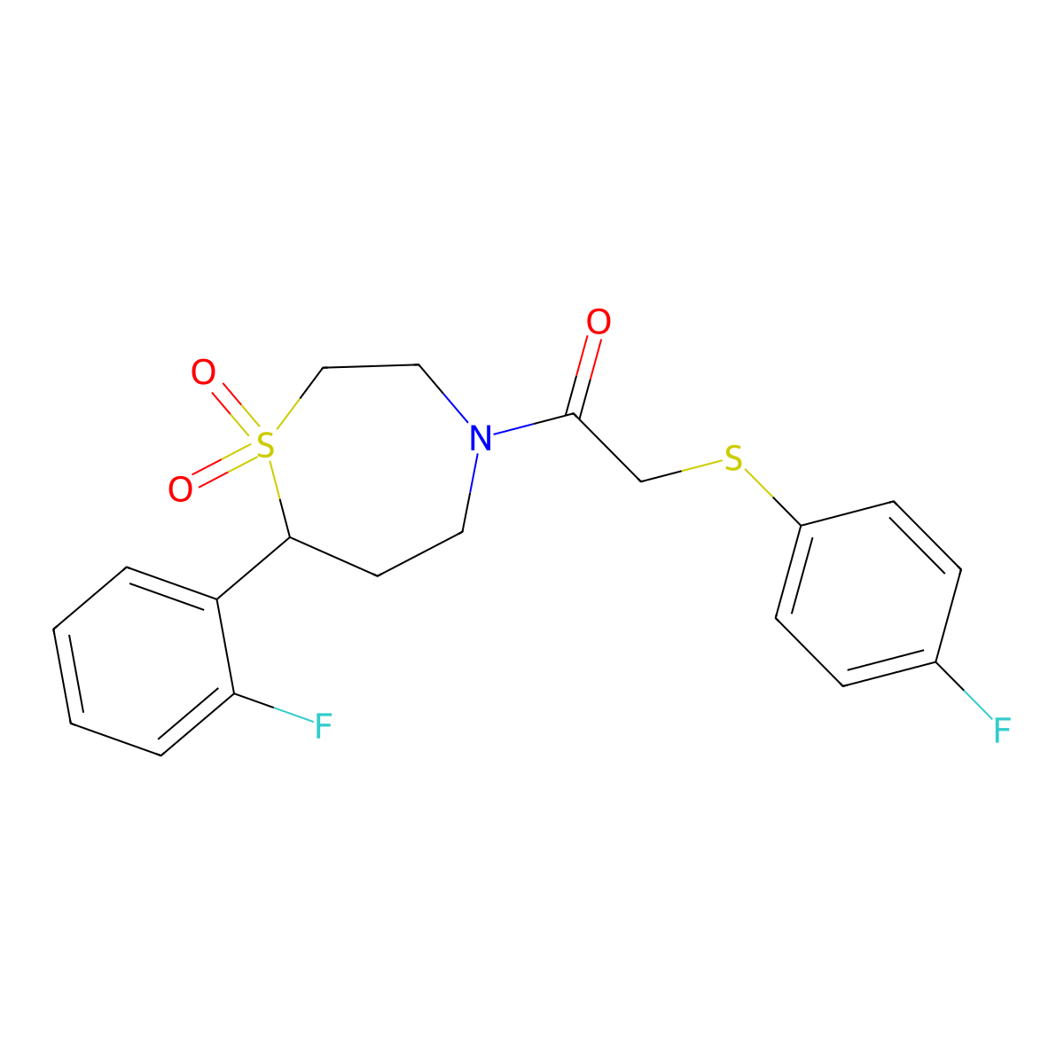 7-(2-Fluorophenyl)-4-{2-[(4-fluorophenyl)sulfanyl]acetyl}-1lambda6,4-thiazepane-1,1-dione molecular structure, CAS 2210054-81-0