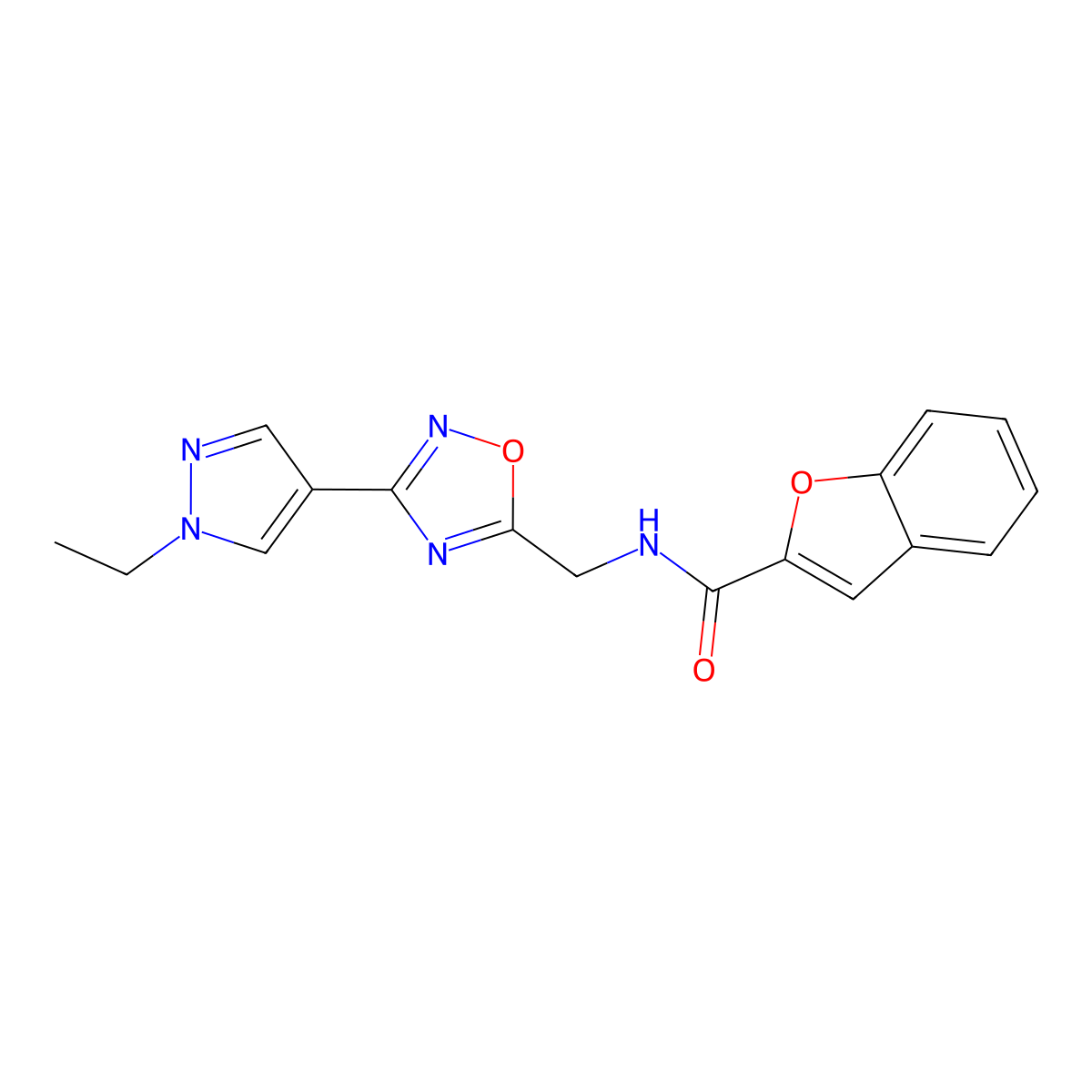 N-((3-(1-ethyl-1H-pyrazol-4-yl)-1,2,4-oxadiazol-5-yl)methyl)benzofuran-2-carboxamide molecular structure, CAS 2210137-92-9