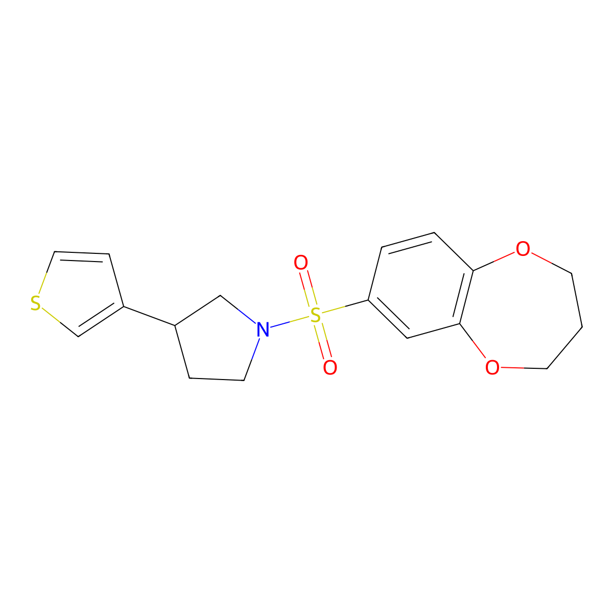 1-(3,4-dihydro-2H-1,5-benzodioxepine-7-sulfonyl)-3-(thiophen-3-yl)pyrrolidine molecular structure, CAS 2210138-08-0