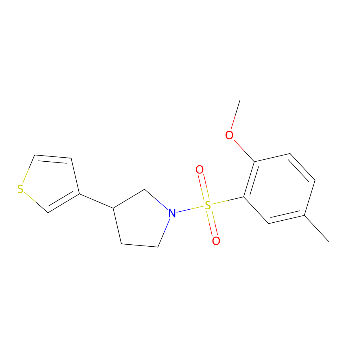 1-((2-Methoxy-5-methylphenyl)sulfonyl)-3-(thiophen-3-yl)pyrrolidine molecular structure, CAS 2210138-41-1