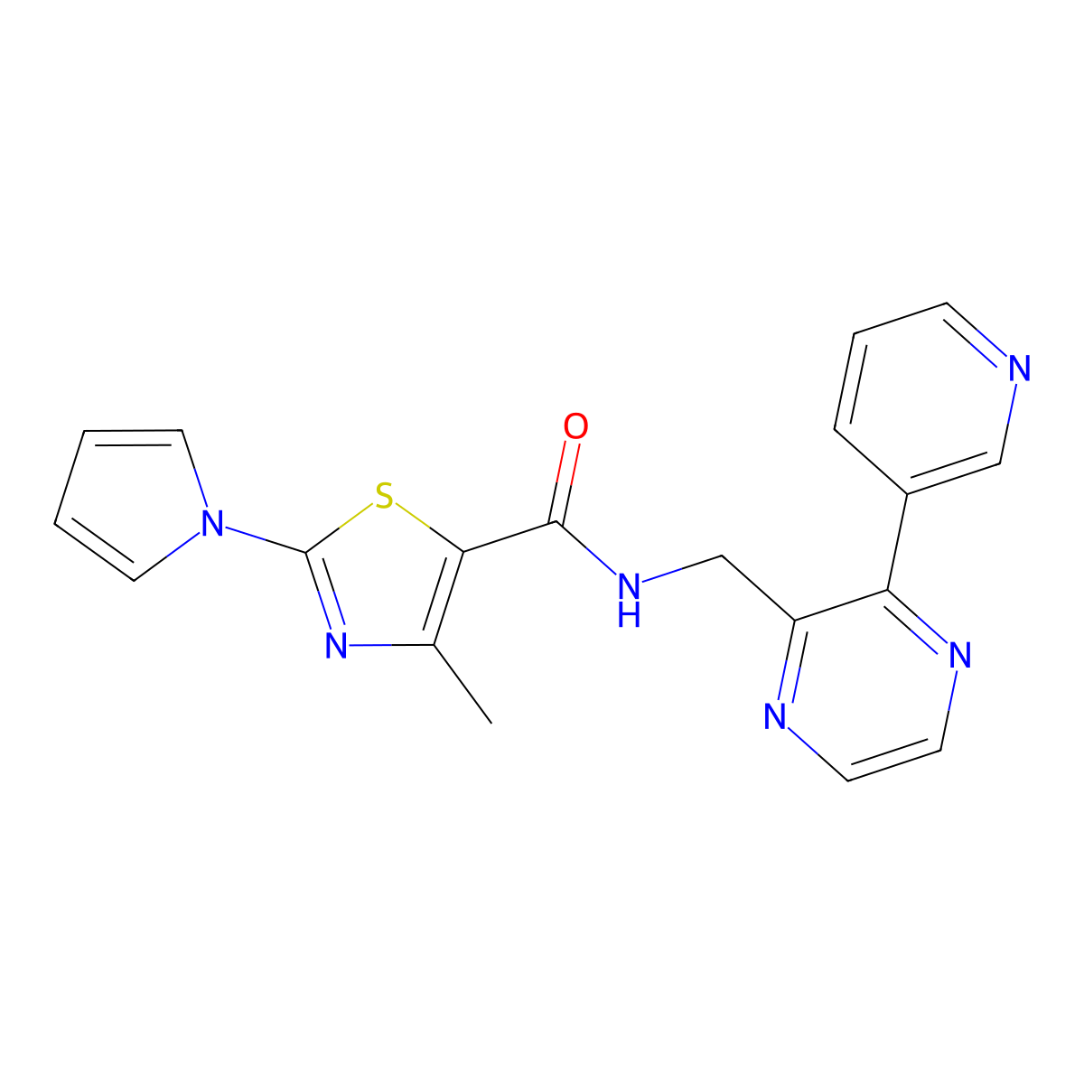 4-methyl-N-((3-(pyridin-3-yl)pyrazin-2-yl)methyl)-2-(1H-pyrrol-1-yl)thiazole-5-carboxamide molecular structure, CAS 2210140-19-3