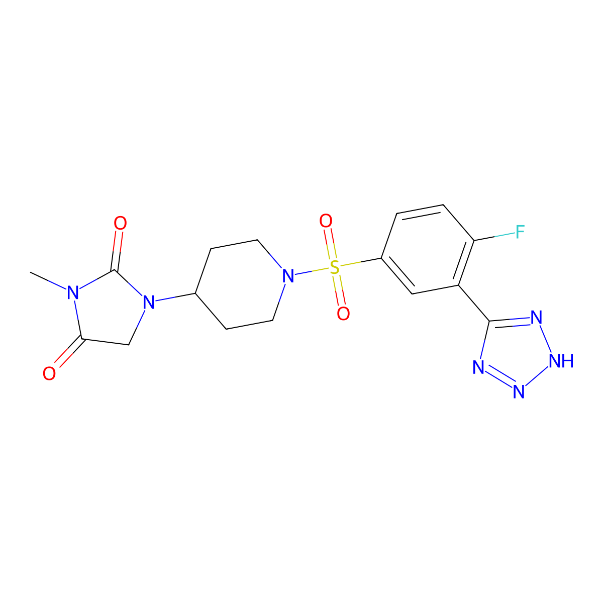 1-(1-((4-fluoro-3-(1H-tetrazol-5-yl)phenyl)sulfonyl)piperidin-4-yl)-3-methylimidazolidine-2,4-dione molecular structure, CAS 2210141-16-3