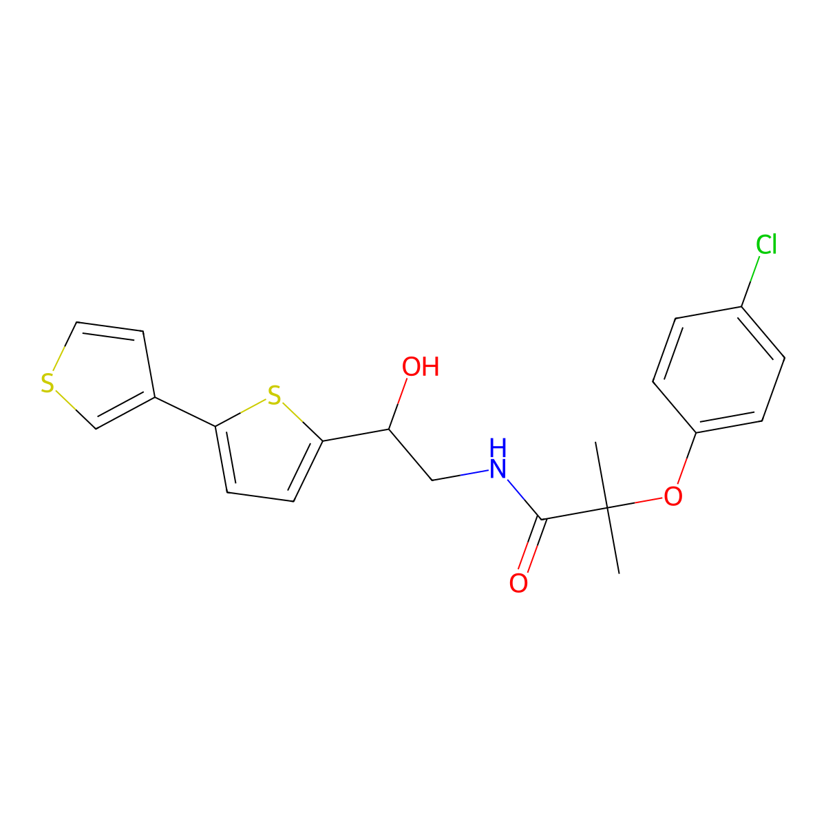 N-(2-{[2,3'-bithiophene]-5-yl}-2-hydroxyethyl)-2-(4-chlorophenoxy)-2-methylpropanamide molecular structure, CAS 2210141-31-2