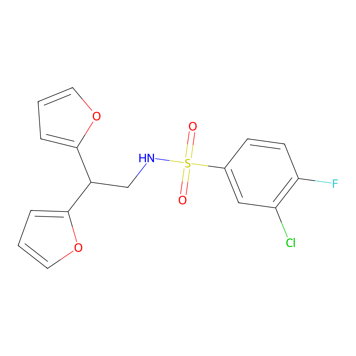 3-chloro-N-(2,2-di(furan-2-yl)ethyl)-4-fluorobenzenesulfonamide molecular structure, CAS 2210141-60-7