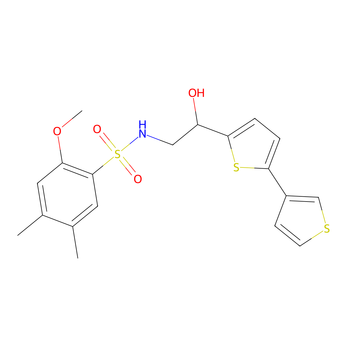 N-(2-([2,3'-bithiophen]-5-yl)-2-hydroxyethyl)-2-methoxy-4,5-dimethylbenzenesulfonamide molecular structure, CAS 2210141-81-2