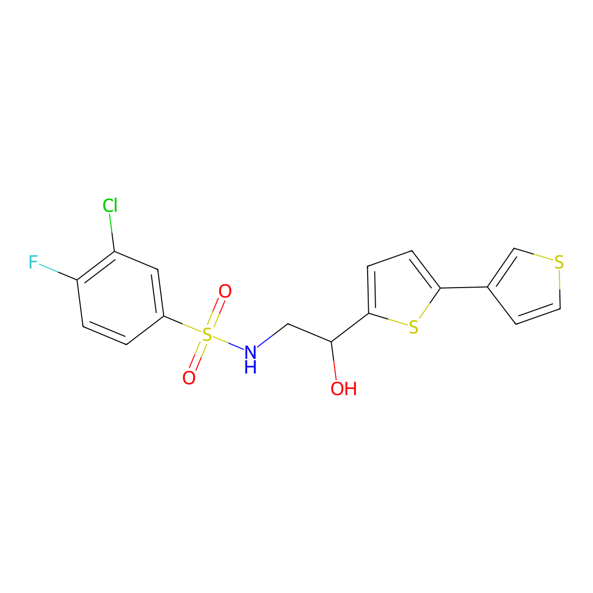 N-(2-{[2,3'-bithiophene]-5-yl}-2-hydroxyethyl)-3-chloro-4-fluorobenzene-1-sulfonamide molecular structure, CAS 2210141-88-9