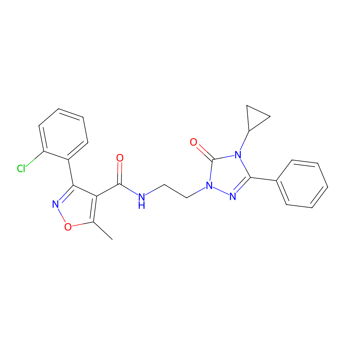3-(2-chlorophenyl)-N-(2-(4-cyclopropyl-5-oxo-3-phenyl-4,5-dihydro-1H-1,2,4-triazol-1-yl)ethyl)-5-methylisoxazole-4-carboxamide molecular structure, CAS 2210141-91-4