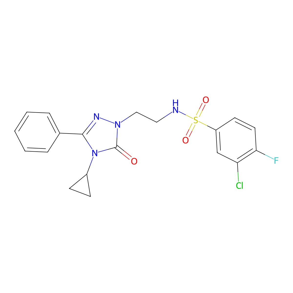 3-chloro-N-(2-(4-cyclopropyl-5-oxo-3-phenyl-4,5-dihydro-1H-1,2,4-triazol-1-yl)ethyl)-4-fluorobenzenesulfonamide molecular structure, CAS 2210142-09-7