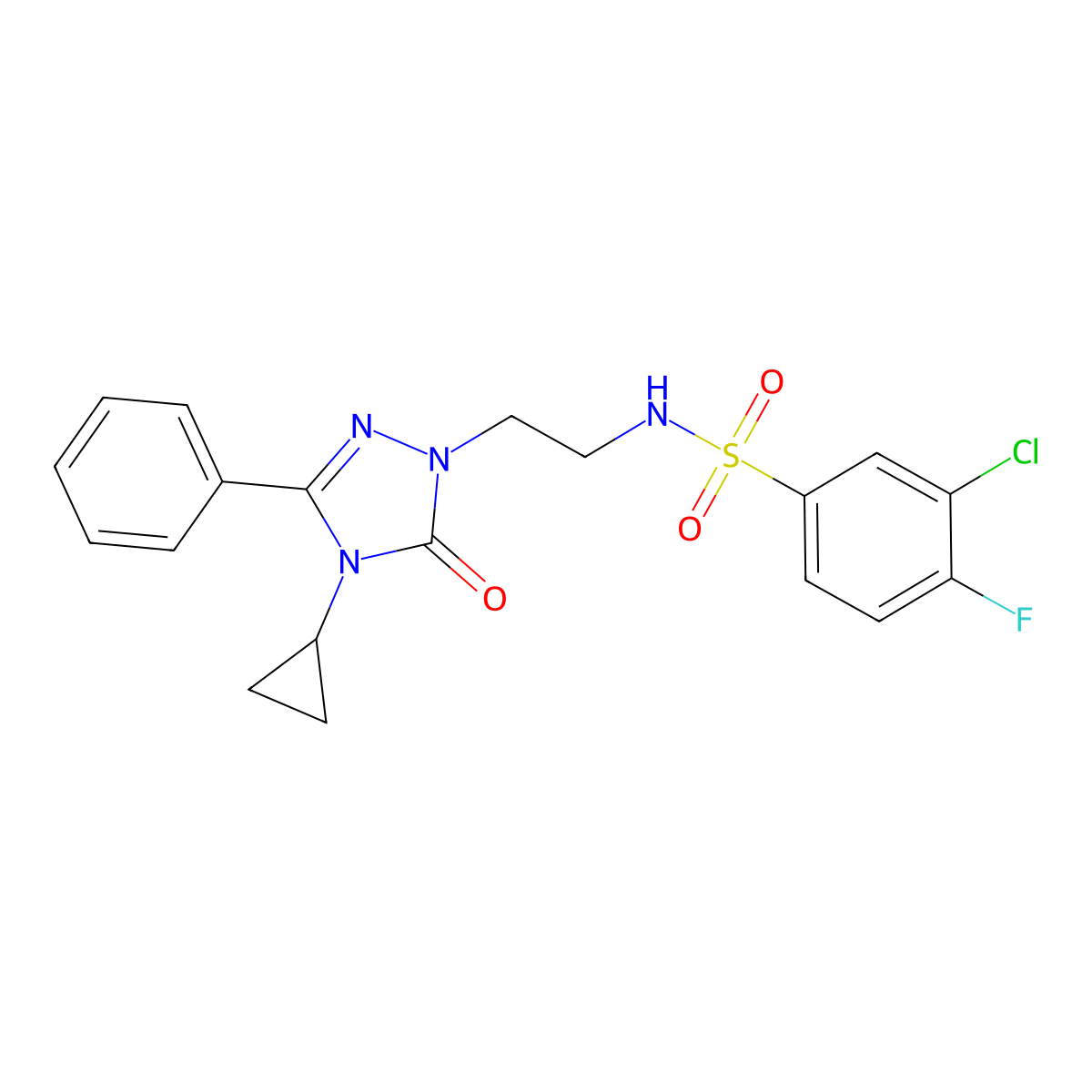 3-chloro-N-(2-(4-cyclopropyl-5-oxo-3-phenyl-4,5-dihydro-1H-1,2,4-triazol-1-yl)ethyl)-4-fluorobenzenesulfonamide molecular structure, CAS 2210142-09-7