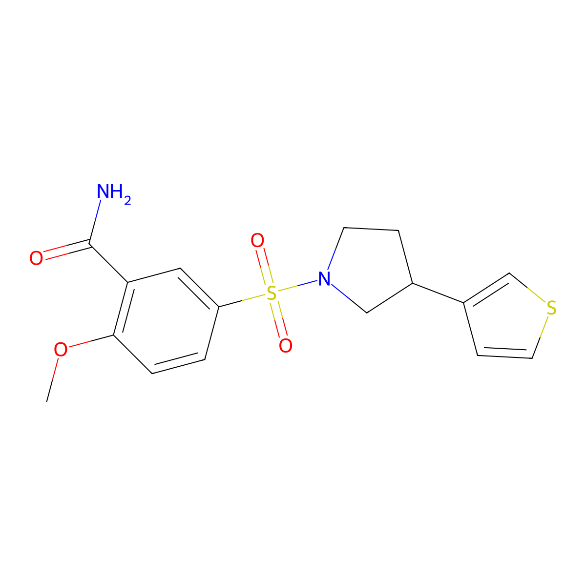 2-Methoxy-5-{[3-(thiophen-3-yl)pyrrolidin-1-yl]sulfonyl}benzamide molecular structure, CAS 2210144-39-9