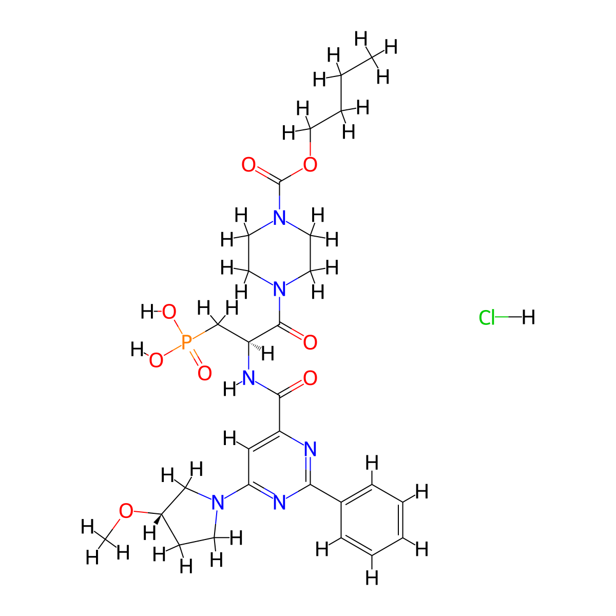 ((R)-3-(4-(Butoxycarbonyl)piperazin-1-yl)-2-(6-((S)-3-methoxypyrrolidin-1-yl)-2-phenylpyrimidine-4-carboxamido)-3-oxopropyl)phosphonic acid hydrochloride molecular structure, CAS 2210298-04-5
