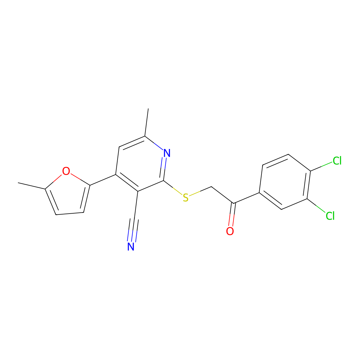 2-[2-(3,4-Dichlorophenyl)-2-oxoethyl]sulfanyl-6-methyl-4-(5-methylfuran-2-yl)pyridine-3-carbonitrile molecular structure, CAS 221052-13-7
