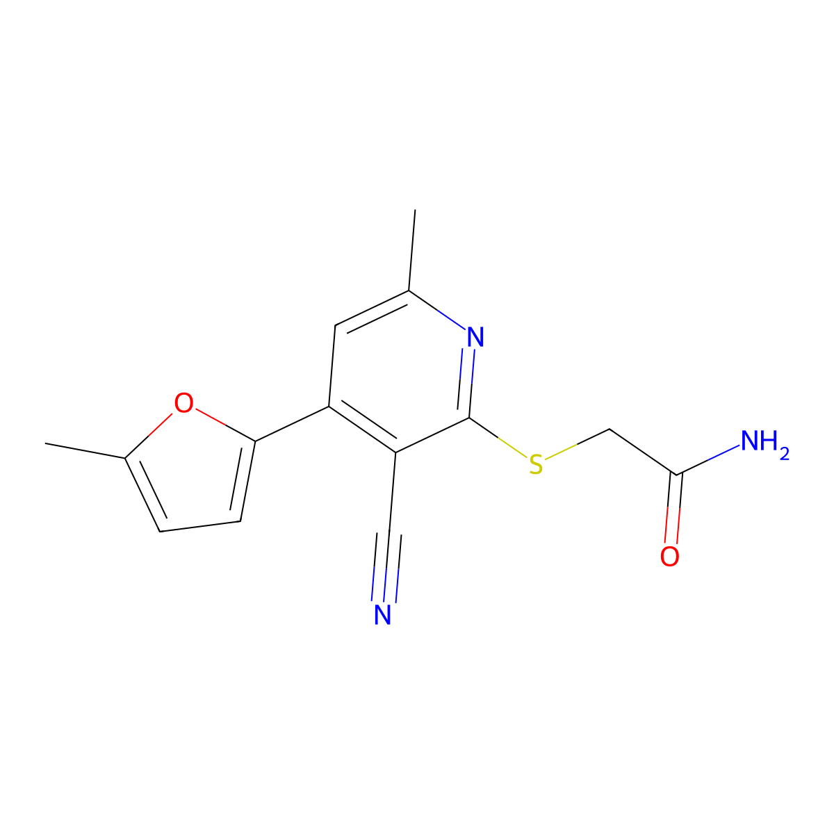 2-[3-Cyano-6-methyl-4-(5-methylfuran-2-yl)pyridin-2-yl]sulfanylacetamide molecular structure, CAS 221052-14-8