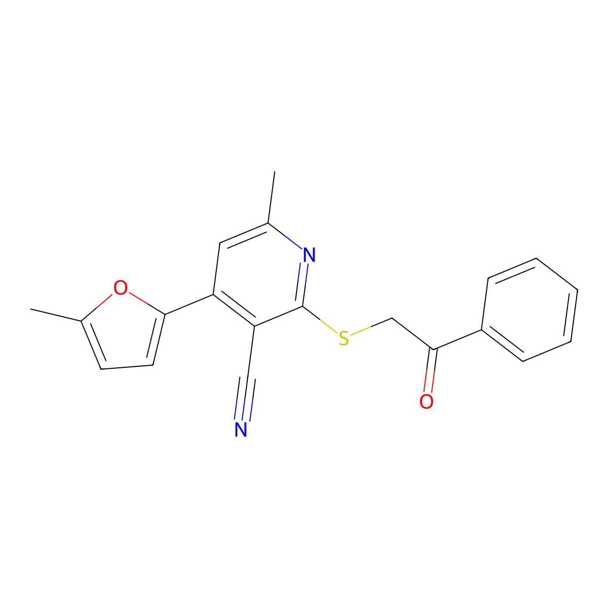 6-Methyl-4-(5-methylfuran-2-yl)-2-phenacylsulfanylpyridine-3-carbonitrile molecular structure, CAS 221052-16-0