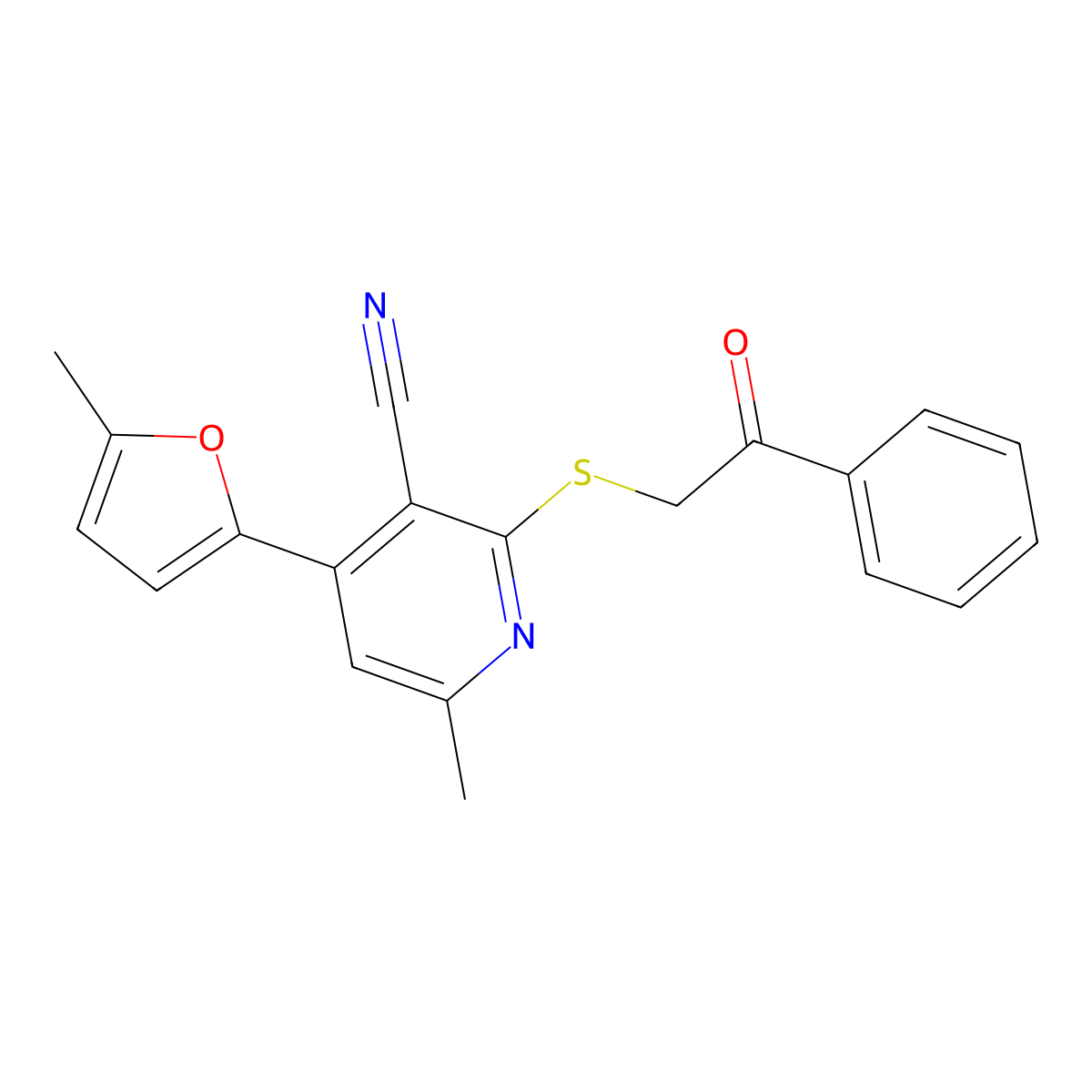 6-Methyl-4-(5-methylfuran-2-yl)-2-phenacylsulfanylpyridine-3-carbonitrile molecular structure, CAS 221052-16-0