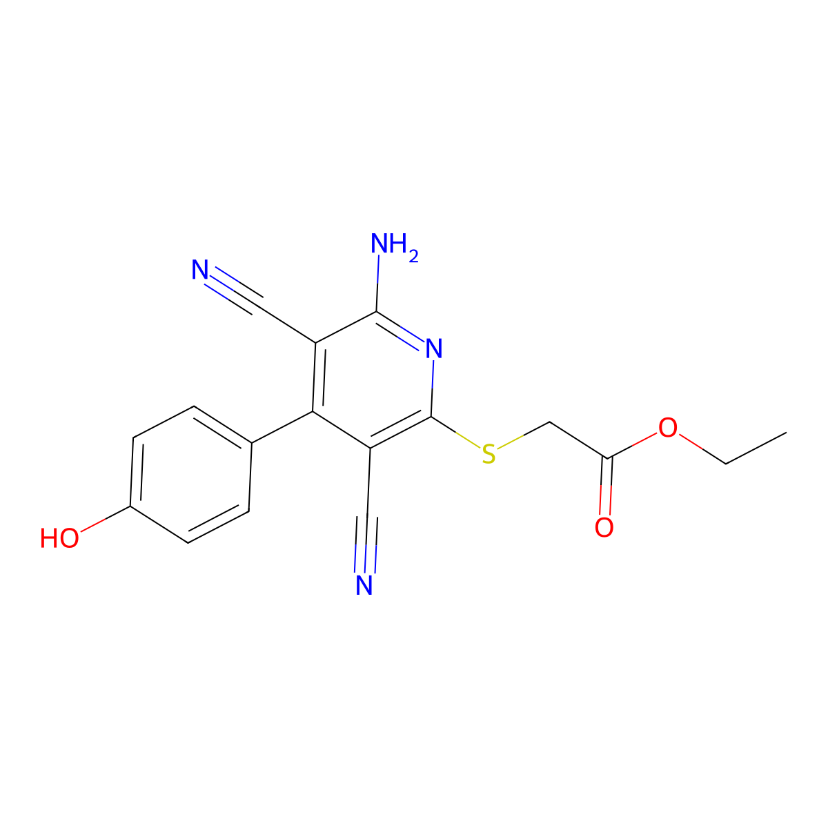 Ethyl {[6-amino-3,5-dicyano-4-(4-hydroxyphenyl)pyridin-2-yl]sulfanyl}acetate molecular structure, CAS 221178-93-4