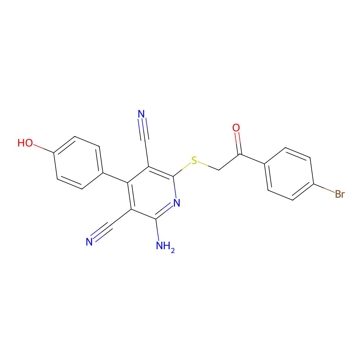 2-Amino-6-((2-(4-bromophenyl)-2-oxoethyl)thio)-4-(4-hydroxyphenyl)pyridine-3,5-dicarbonitrile molecular structure, CAS 221178-94-5