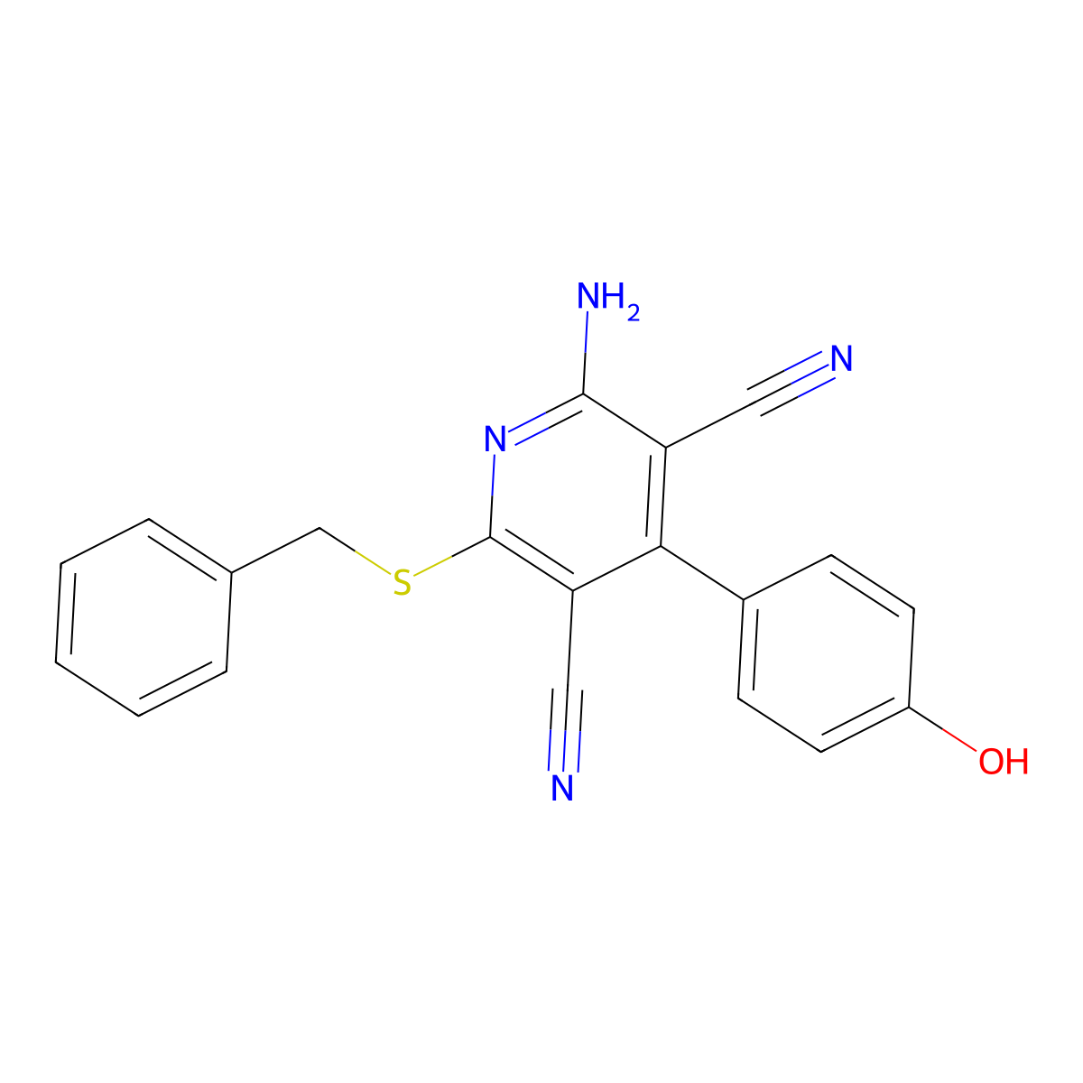 2-Amino-6-(benzylthio)-4-(4-hydroxyphenyl)pyridine-3,5-dicarbonitrile molecular structure, CAS 221178-97-8