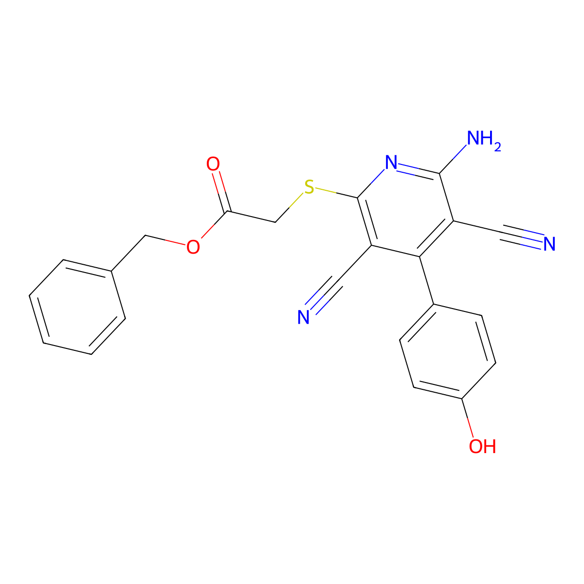 Benzyl {[6-amino-3,5-dicyano-4-(4-hydroxyphenyl)pyridin-2-yl]sulfanyl}acetate molecular structure, CAS 221178-98-9