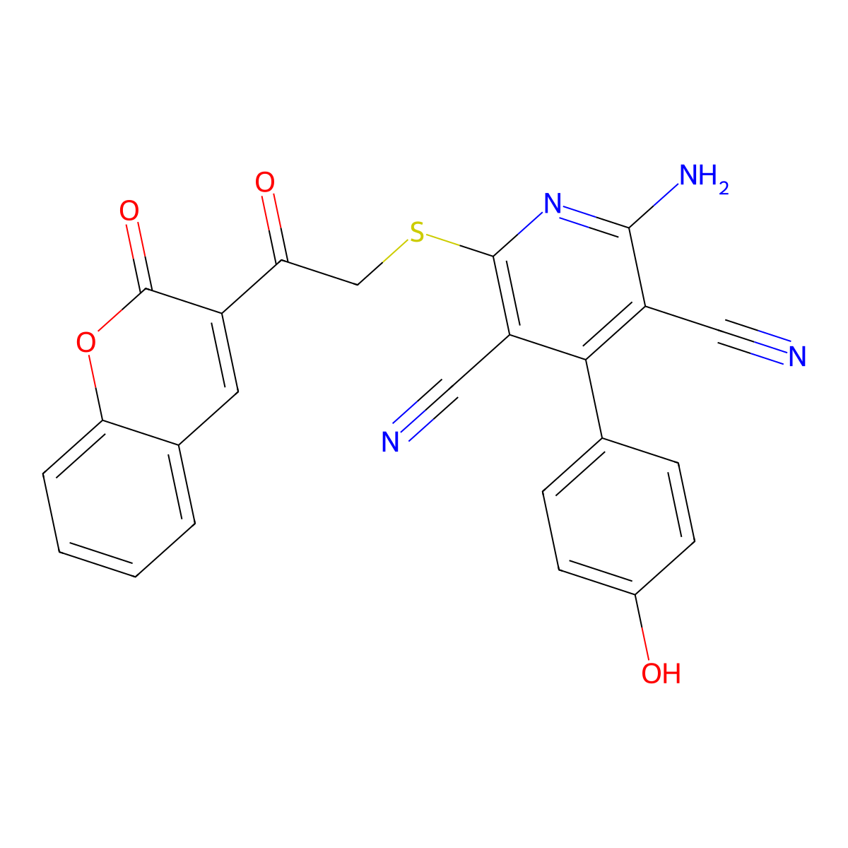 2-amino-4-(4-hydroxyphenyl)-6-((2-oxo-2-(2-oxo-2H-chromen-3-yl)ethyl)thio)pyridine-3,5-dicarbonitrile molecular structure, CAS 221179-01-7