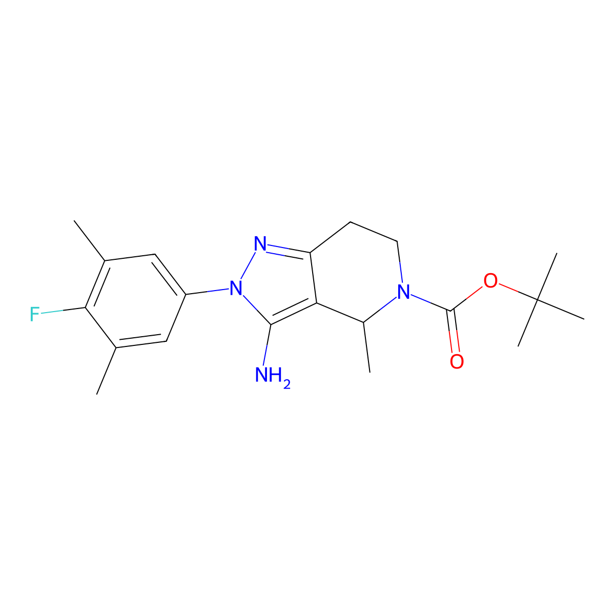 5H-Pyrazolo[4,3-c]pyridine-5-carboxylic acid, 3-amino-2-(4-fluoro-3,5-dimethylphenyl)-2,4,6,7-tetrahydro-4-methyl-, 1,1-dimethylethyl ester, (4S) molecular structure, CAS 2212021-59-3