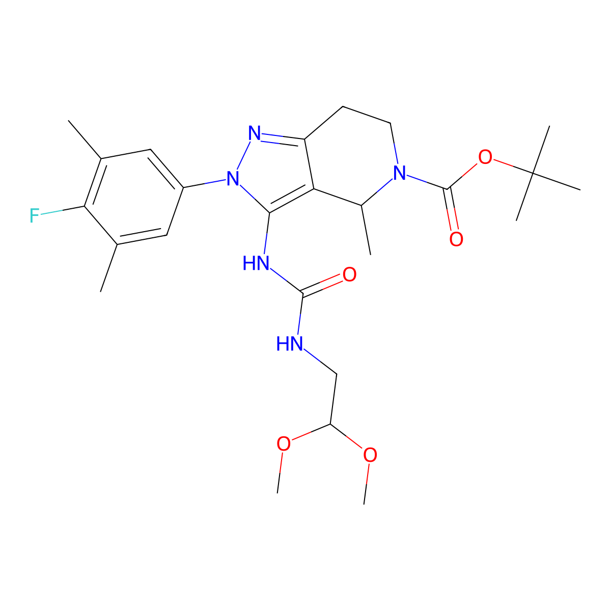5H-Pyrazolo[4,3-c]pyridine-5-carboxylic acid, 3-[[[(2,2-dimethoxyethyl)amino]carbonyl]amino]-2-(4-fluoro-3,5-dimethylphenyl)-2,4,6,7-tetrahydro-4-methyl-, 1,1-dimethylethyl ester, (4S)- molecular structure, CAS 2212021-60-6