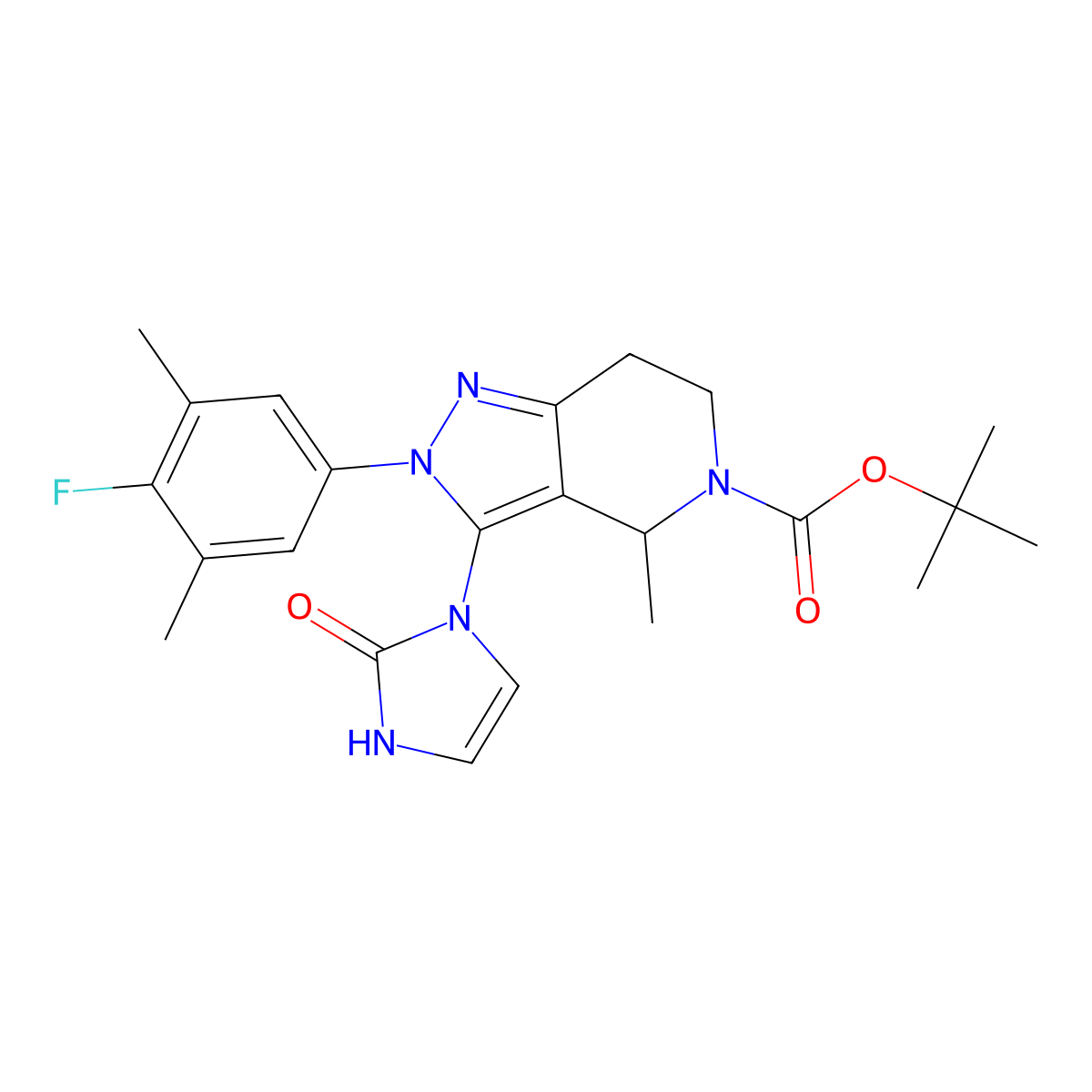 5H-Pyrazolo(4,3-c)pyridine-5-carboxylic acid, 3-(2,3-dihydro-2-oxo-1H-imidazol-1-yl)-2-(4-fluoro-3,5-dimethylphenyl)-2,4,6,7-tetrahydro-4-methyl-, 1,1-dimethylethyl ester, (4S)- molecular structure, CAS 2212021-61-7