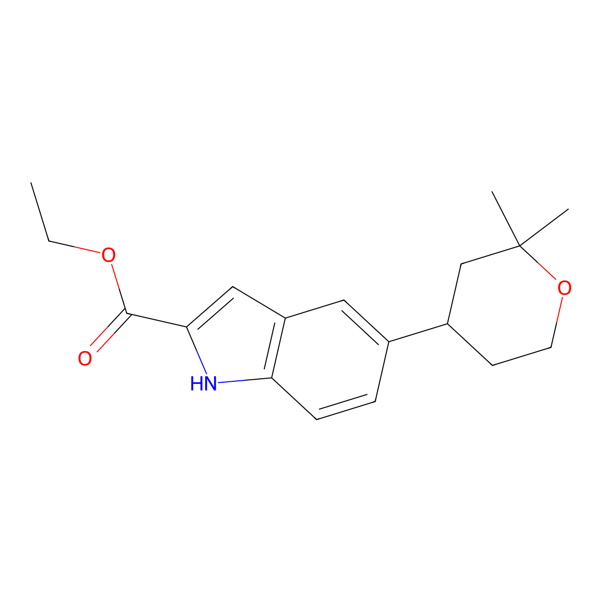 Ethyl 5-(2,2-dimethyltetrahydro-2H-pyran-4-yl)-1H-indole-2-carboxylate molecular structure, CAS 2212021-76-4