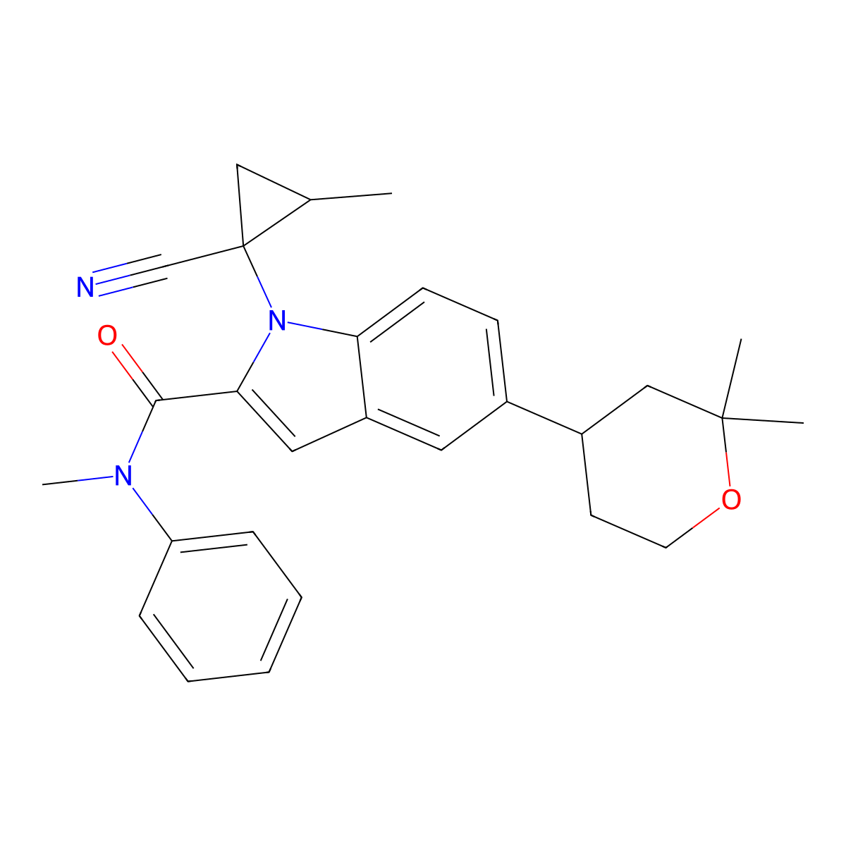 1-((1S,2S)-1-Cyano-2-methylcyclopropyl)-5-((4S)-2,2-dimethyloxan-4-yl)-N-methyl-N-phenylindole-2-carboxamide molecular structure, CAS 2212021-81-1