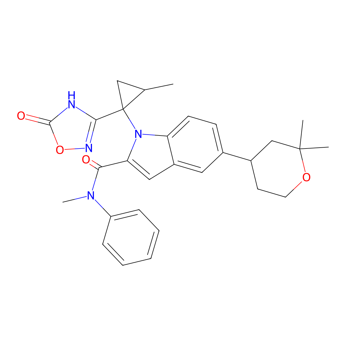 5-((S)-2,2-dimethyltetrahydro-2H-pyran-4-yl)-N-methyl-1-((1S,2S)-2-methyl-1-(5-oxo-4,5-dihydro-1,2,4-oxadiazol-3-yl)cyclopropyl)-N-phenyl-1H-indole-2-carboxamide molecular structure, CAS 2212021-82-2