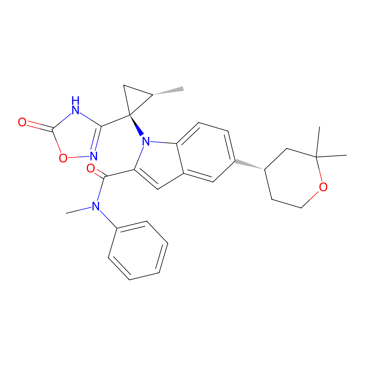 5-((S)-2,2-dimethyltetrahydro-2H-pyran-4-yl)-N-methyl-1-((1S,2S)-2-methyl-1-(5-oxo-4,5-dihydro-1,2,4-oxadiazol-3-yl)cyclopropyl)-N-phenyl-1H-indole-2-carboxamide molecular structure, CAS 2212021-82-2