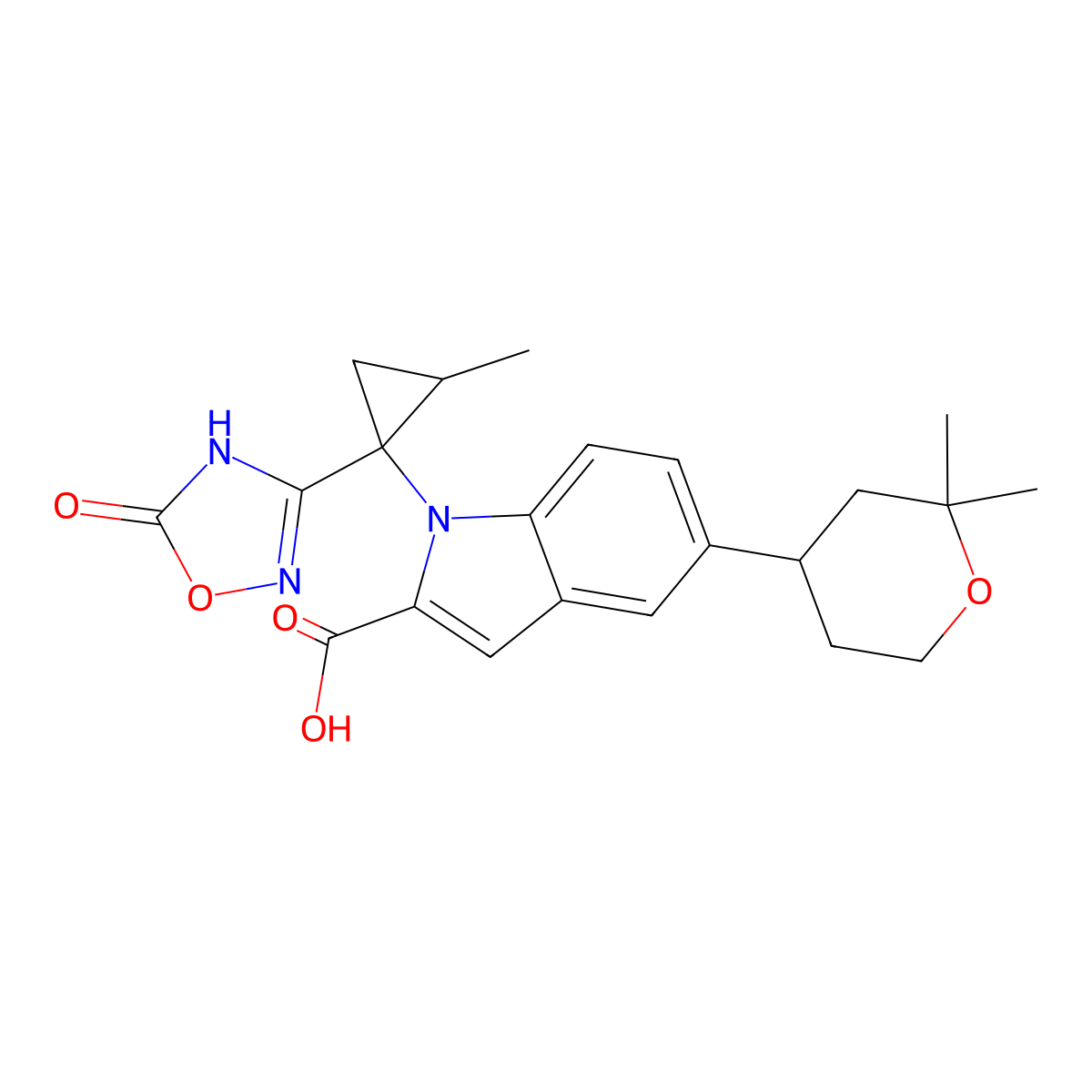 5-((S)-2,2-dimethyltetrahydro-2H-pyran-4-yl)-1-((1S,2S)-2-methyl-1-(5-oxo-4,5-dihydro-1,2,4-oxadiazol-3-yl)cyclopropyl)-1H-indole-2-carboxylic acid molecular structure, CAS 2212021-83-3