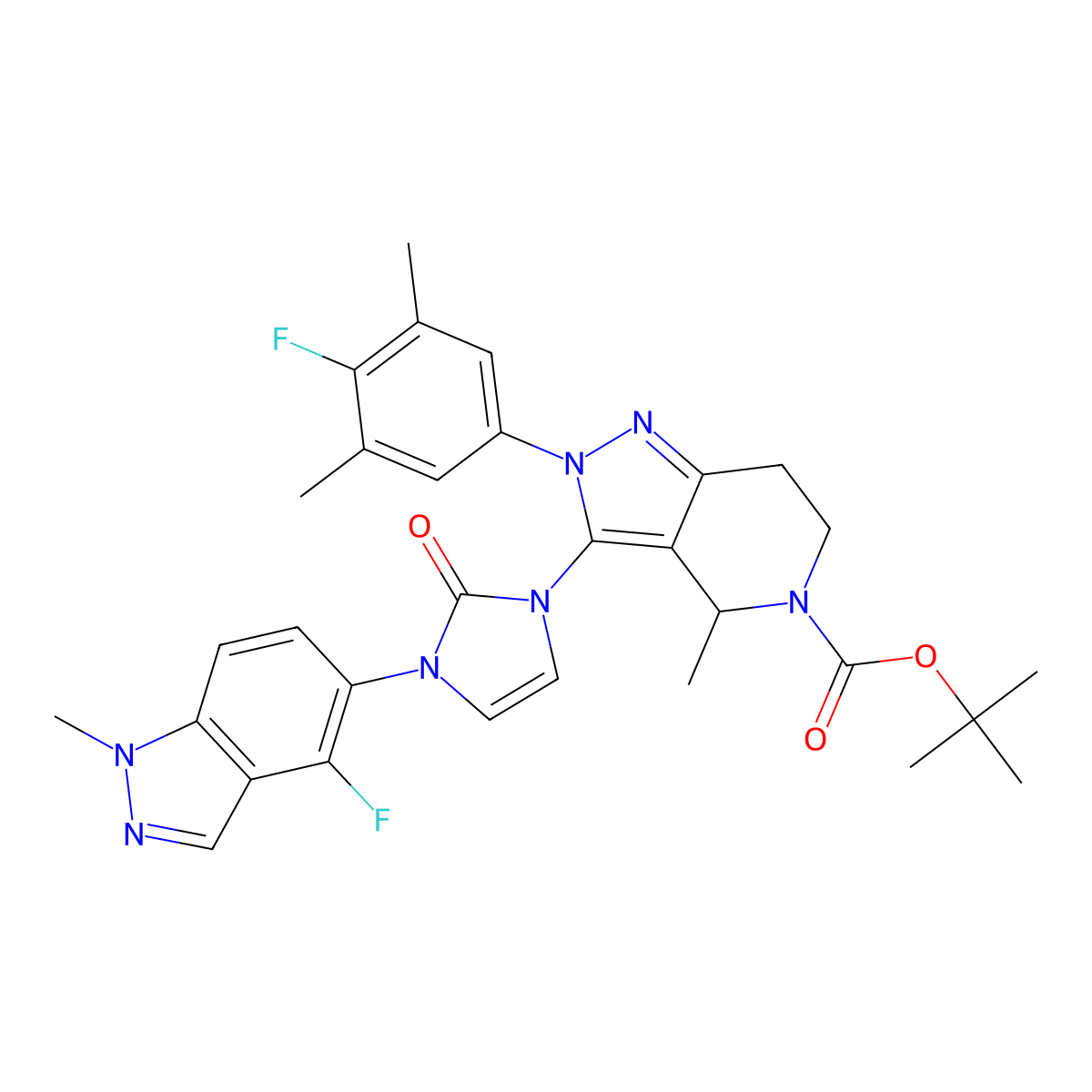 (4S)-2-(4-Fluoro-3,5-dimethylphenyl)-3-[3-(4-fluoro-1-methylindazol-5-YL)-2-oxoimidazol-1-YL]-4-methyl-6,7-dihydro-4H-pyrazolo[4,3-C]pyridine-5-carboxylic acid tert-butyl ester molecular structure, CAS 2212022-55-2