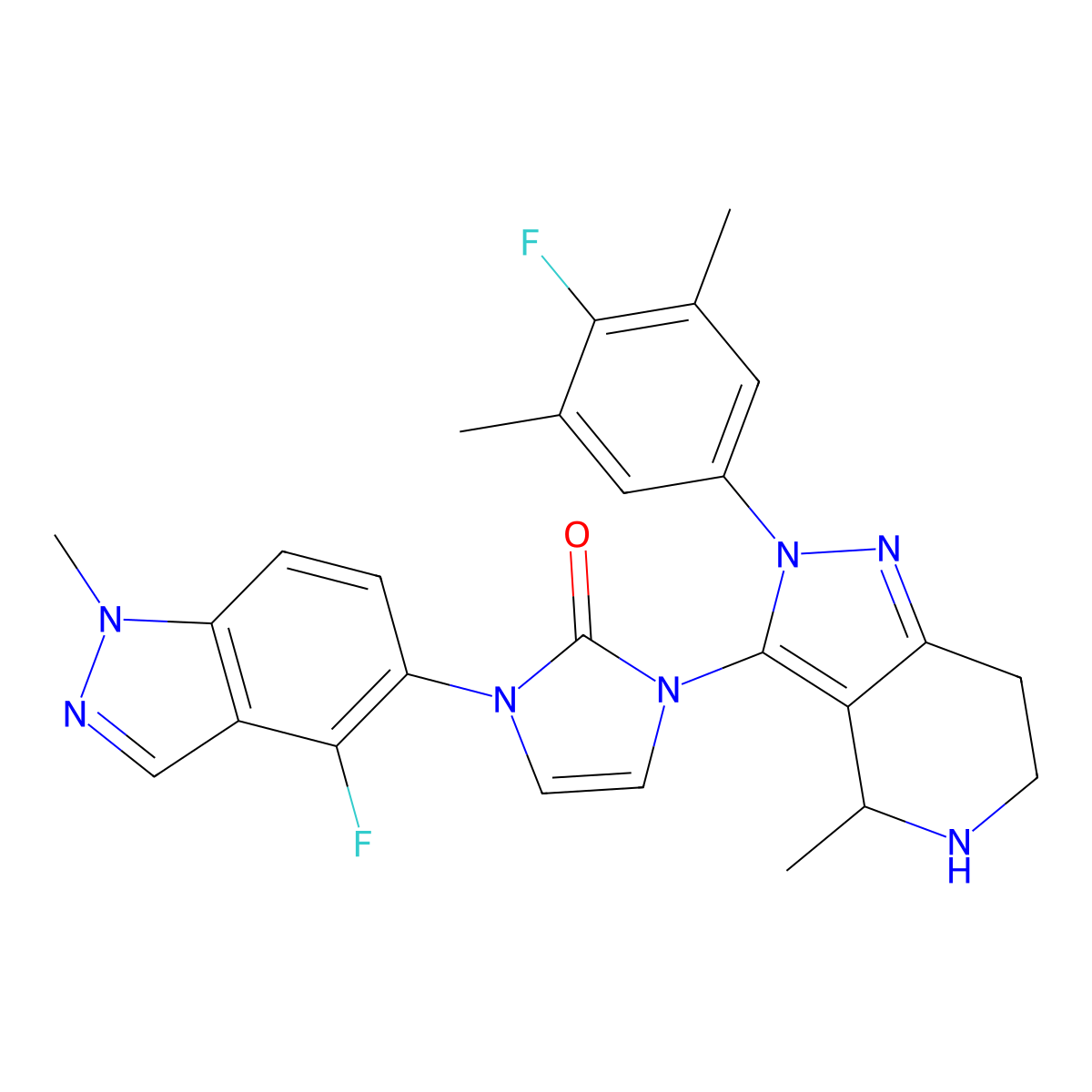 (S)-1-(4-fluoro-1-methyl-1H-indazol-5-yl)-3-(2-(4-fluoro-3,5-dimethylphenyl)-4-methyl-4,5,6,7-tetrahydro-2H-pyrazolo(4,3-c)pyridin-3-yl)-1,3-dihydro-2H-imidazol-2-one molecular structure, CAS 2212022-56-3