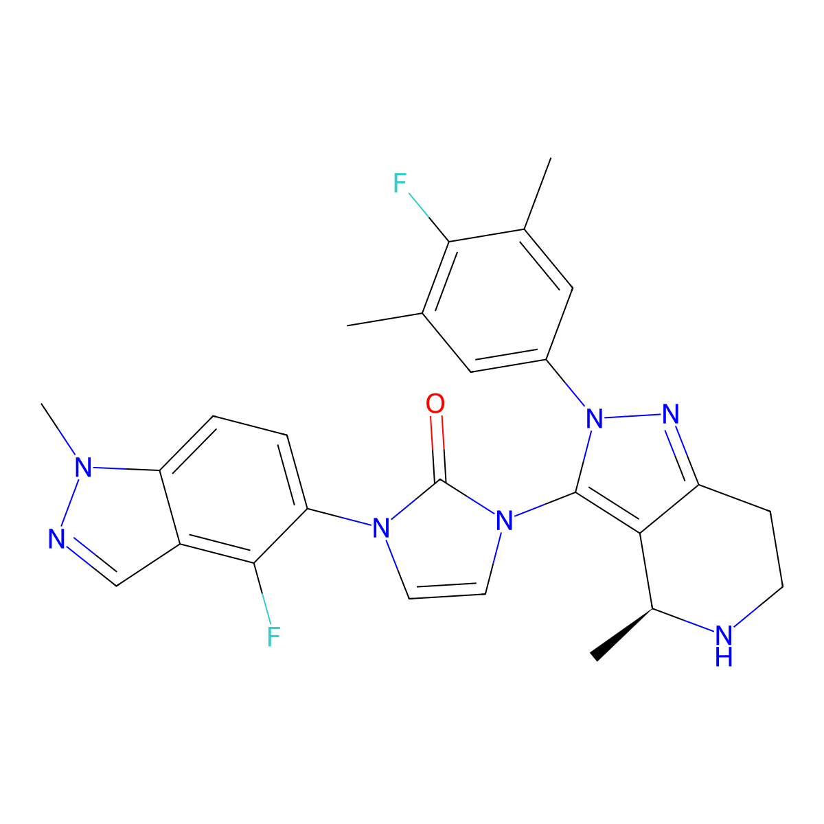 (S)-1-(4-fluoro-1-methyl-1H-indazol-5-yl)-3-(2-(4-fluoro-3,5-dimethylphenyl)-4-methyl-4,5,6,7-tetrahydro-2H-pyrazolo(4,3-c)pyridin-3-yl)-1,3-dihydro-2H-imidazol-2-one molecular structure, CAS 2212022-56-3