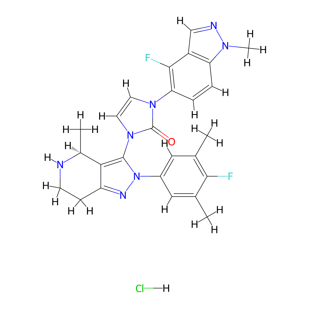 (S)-1-(4-Fluoro-1-methyl-1H-indazol-5-YL)-3-(2-(4-fluoro-3,5-dimethylphenyl)-4-methyl-4,5,6,7-tetrahydro-2H-pyrazolo[4,3-C]pyridin-3-YL)-1,3-dihydro-2H-imidazol-2-one hydrochloride molecular structure, CAS 2212022-57-4