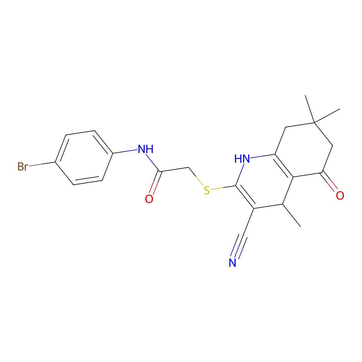N-(4-bromophenyl)-2-[(3-cyano-4,7,7-trimethyl-5-oxo-1,4,6,8-tetrahydroquinolin-2-yl)sulfanyl]acetamide molecular structure, CAS 221217-91-0