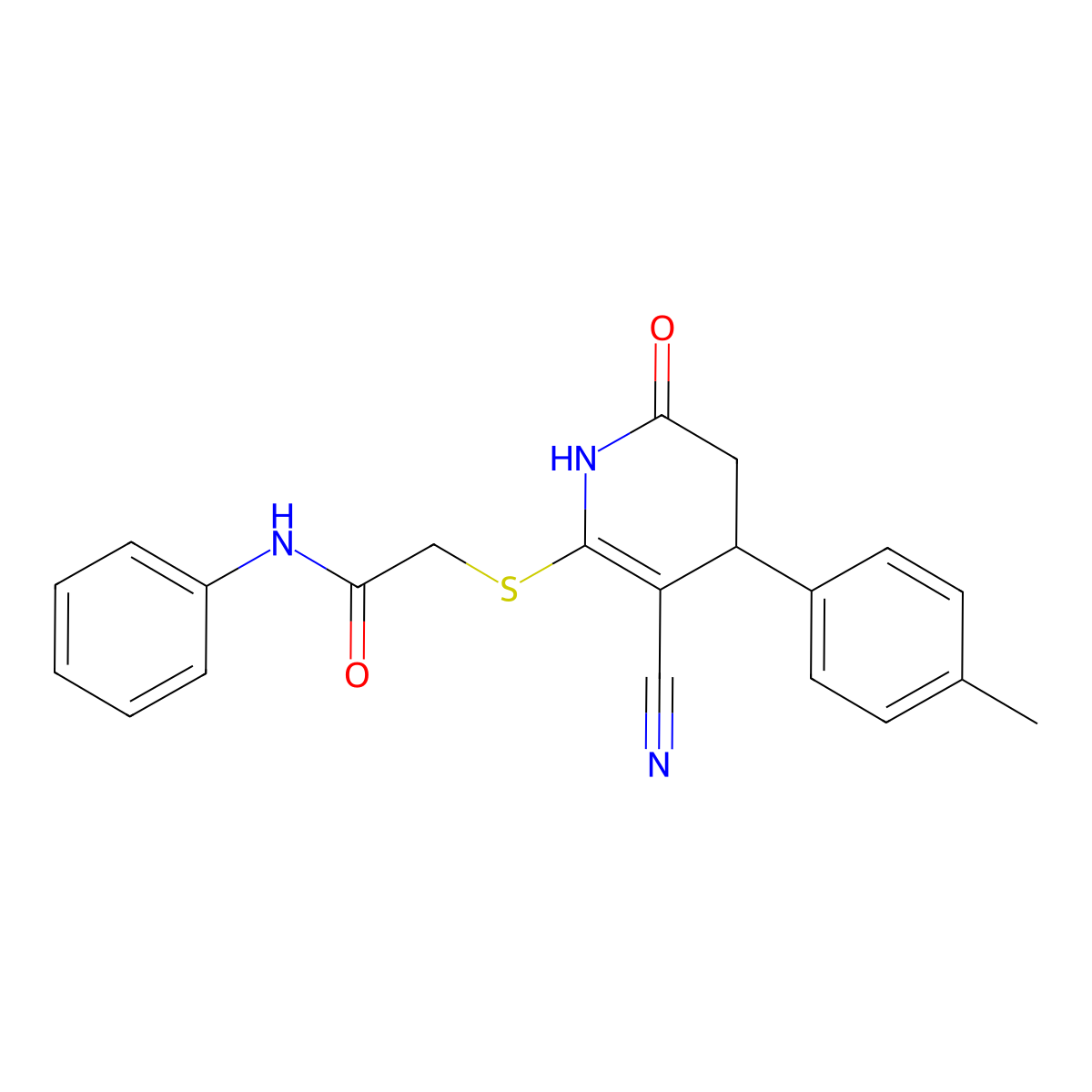 2-((3-Cyano-6-oxo-4-(p-tolyl)-1,4,5,6-tetrahydropyridin-2-yl)thio)-N-phenylacetamide molecular structure, CAS 2212541-00-7