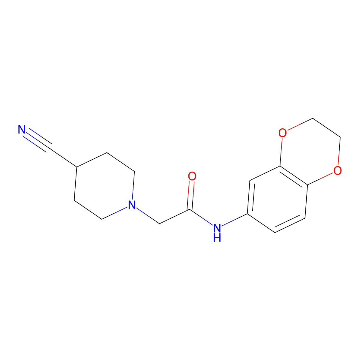 2-(4-cyanopiperidin-1-yl)-N-(2,3-dihydro-1,4-benzodioxin-6-yl)acetamide molecular structure, CAS 2212768-26-6