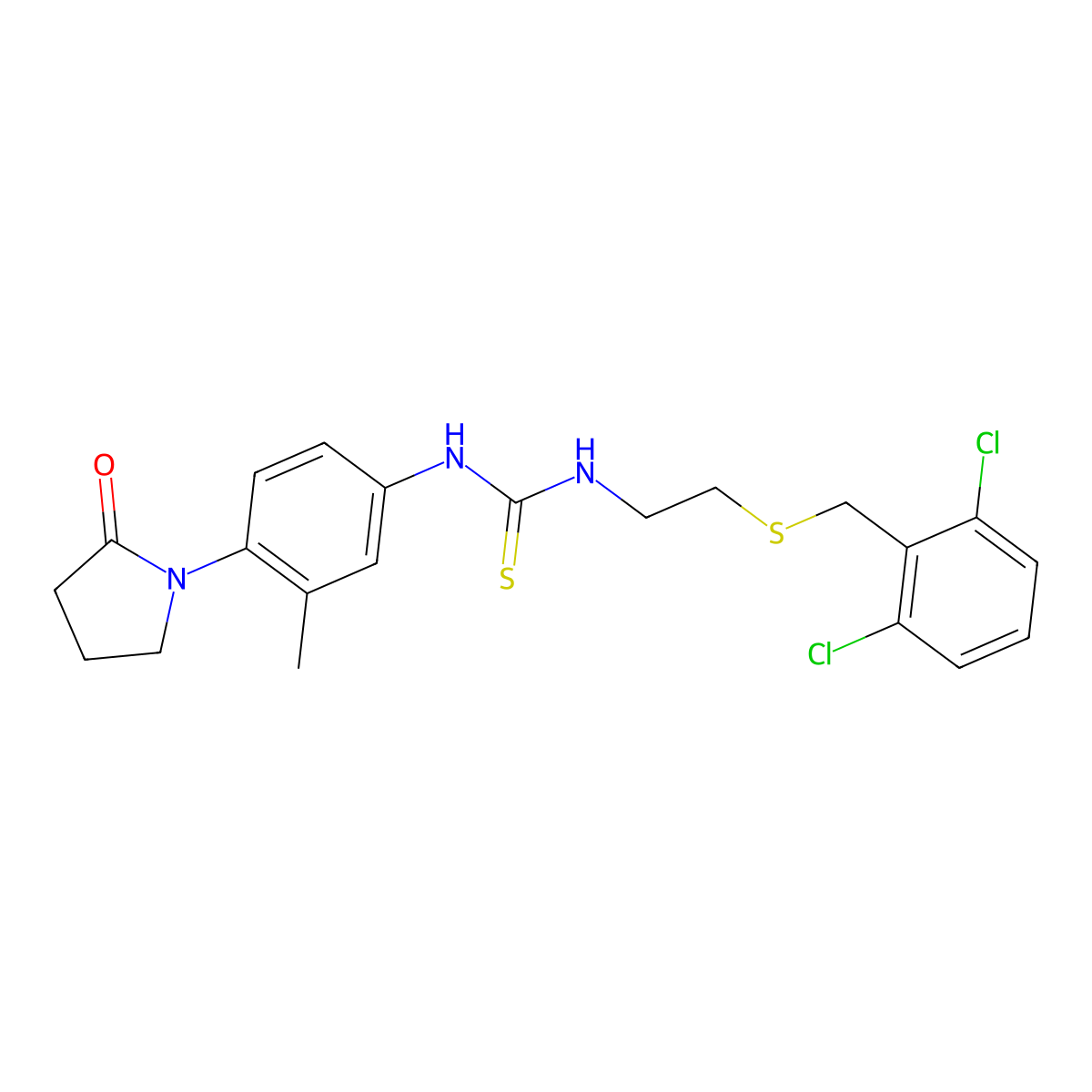 1-[2-[(2,6-Dichlorophenyl)methylsulfanyl]ethyl]-3-[3-methyl-4-(2-oxopyrrolidin-1-yl)phenyl]thiourea molecular structure, CAS 2213615-99-5