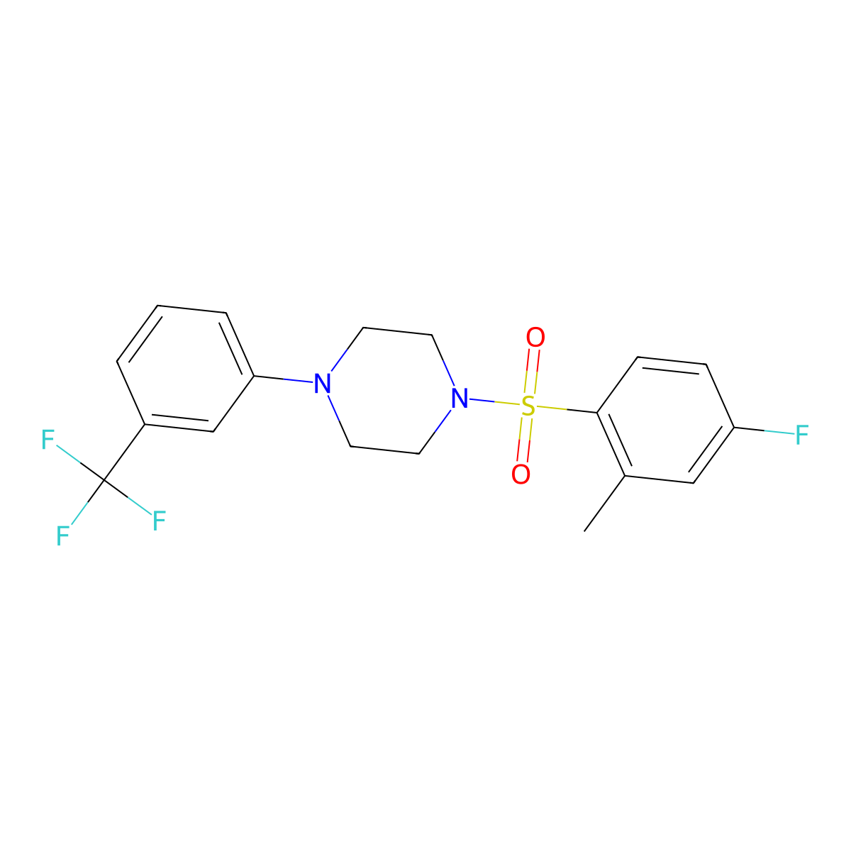 1-((4-Fluoro-2-methylphenyl)sulfonyl)-4-(3-(trifluoromethyl)phenyl)piperazine molecular structure, CAS 2214468-34-3