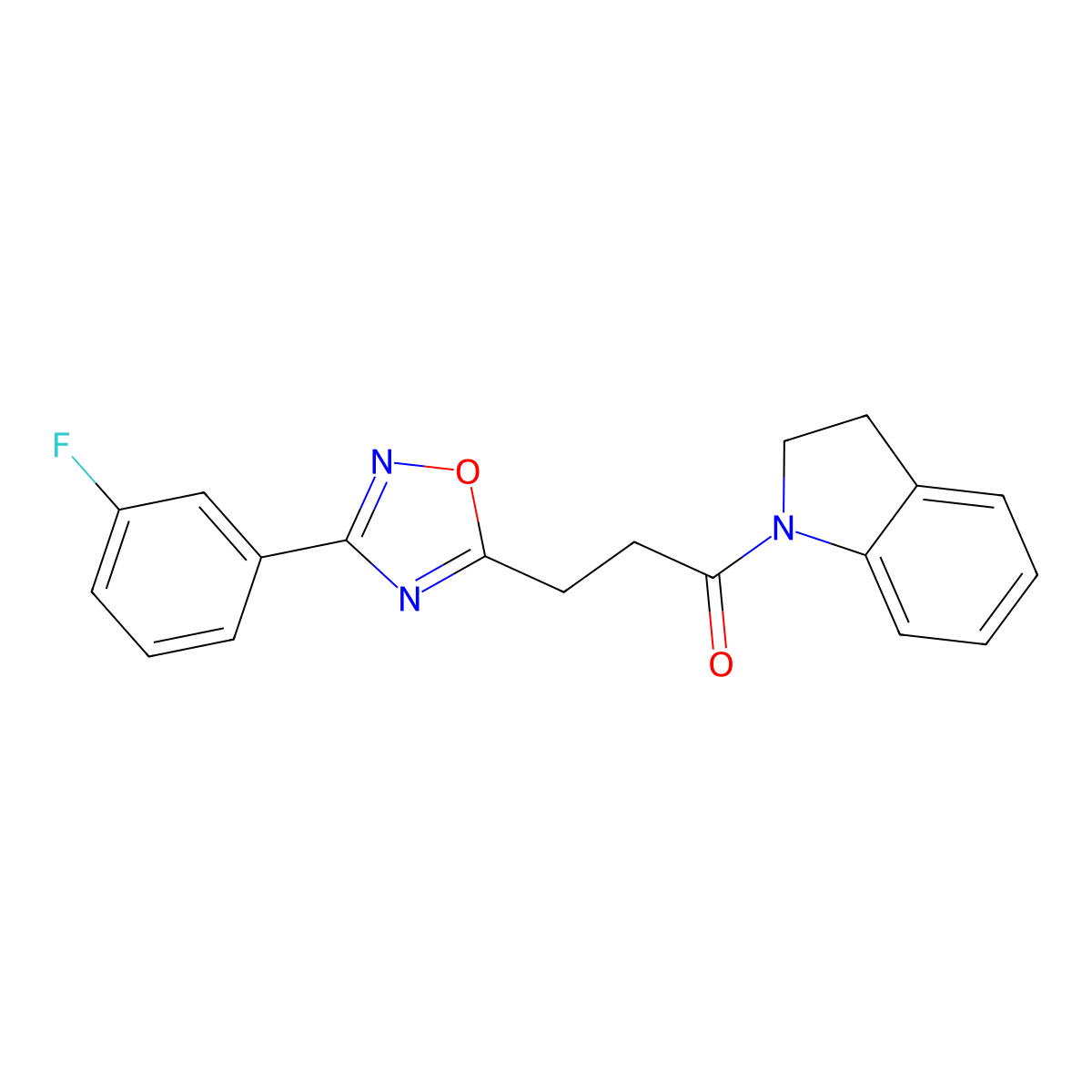 3-(3-(3-Fluorophenyl)-1,2,4-oxadiazol-5-yl)-1-(indolin-1-yl)propan-1-one molecular structure, CAS 2214822-77-0