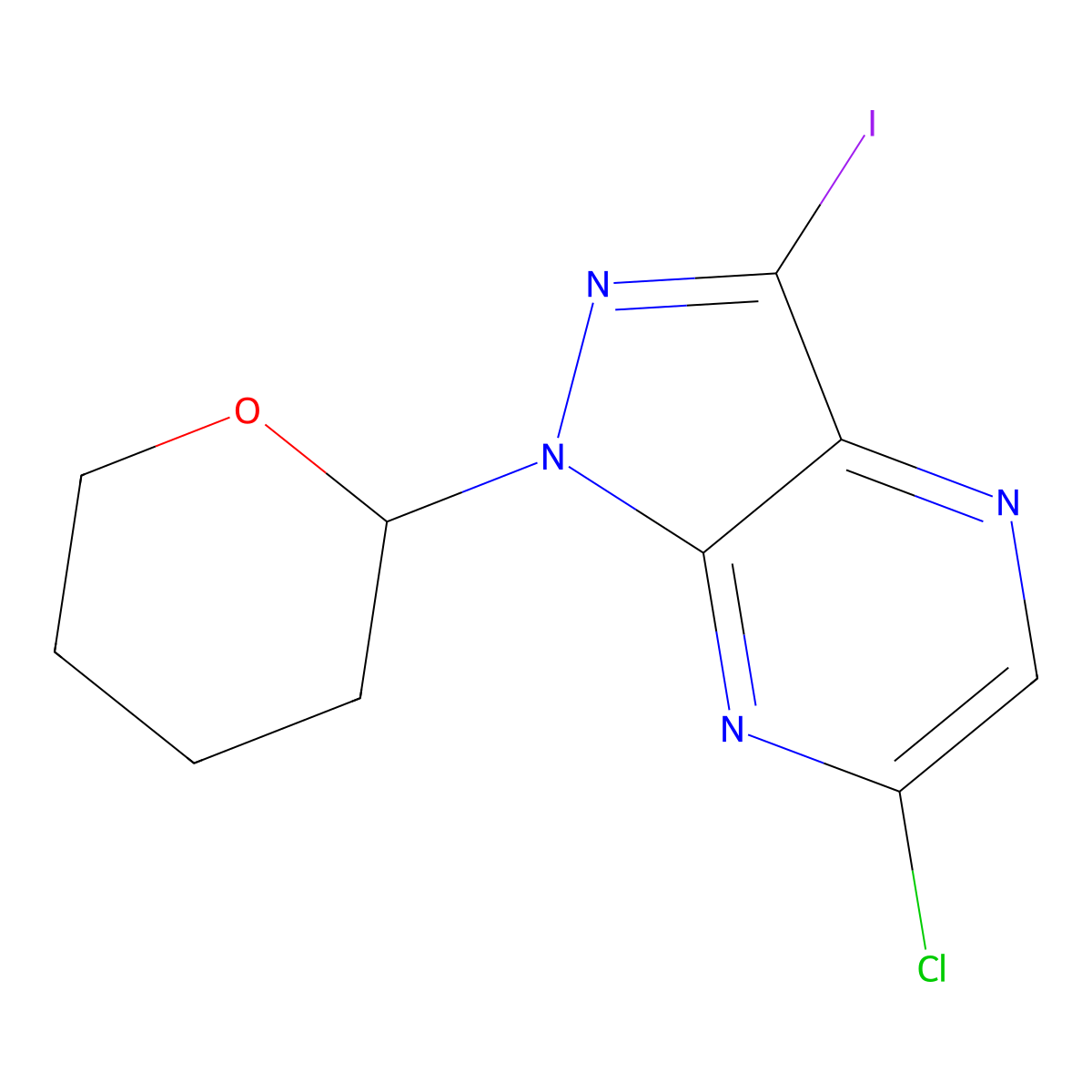 6-Chloro-3-iodo-1-tetrahydropyran-2-yl-pyrazolo[3,4-b]pyrazine molecular structure, CAS 2215028-64-9