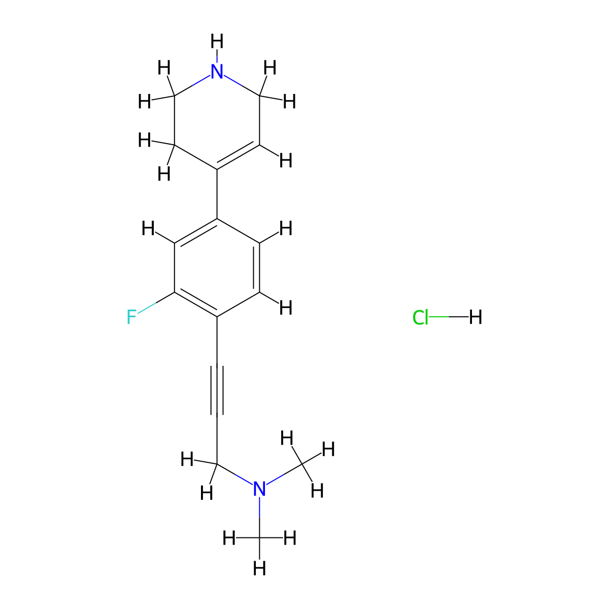 3-(2-Fluoro-4-(1,2,3,6-tetrahydropyridin-4-yl)phenyl)-N,N-dimethylprop-2-yn-1-amine hydrochloride molecular structure, CAS 2215065-31-7